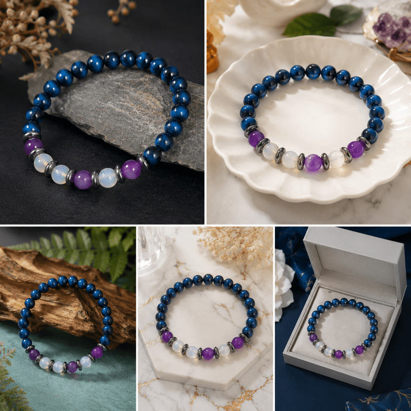 Lapis Lazuli & Tiger's Eye Stretch Bracelet with Amethyst Beads